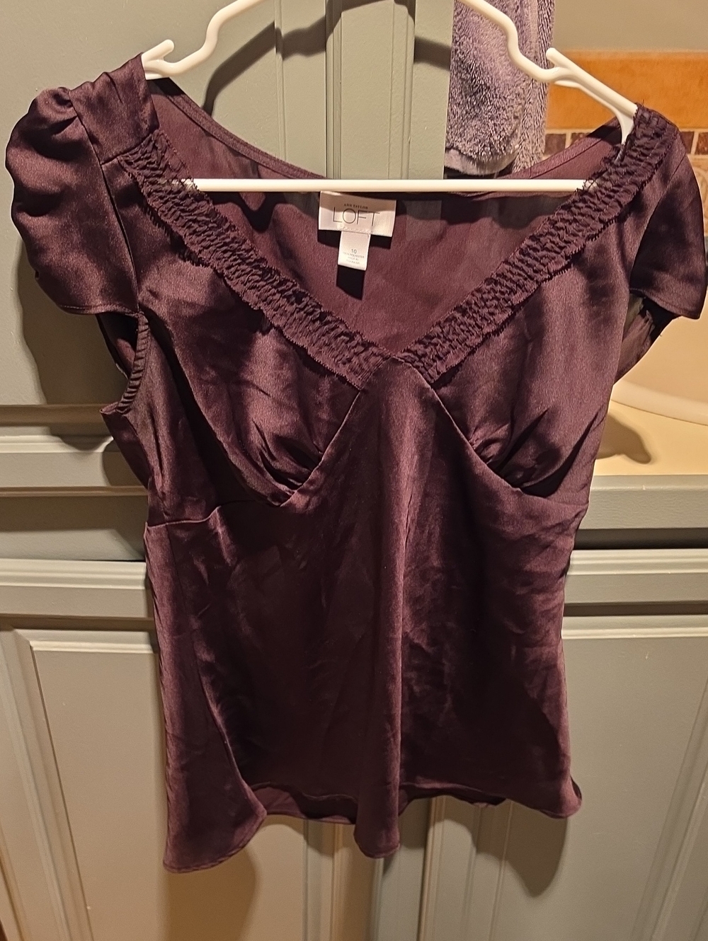 LOFT Brown Satin Like Material V-Neck Cap Sleeve  Top